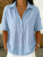 Camicia casual a maniche corte in lino e cotone con colletto polo
