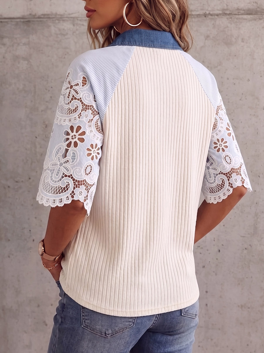 Camisa Vintage Elegante com Malha, Patchwork, Bordado e Mangas Recortadas