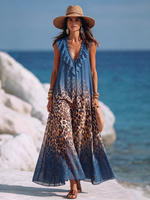 Vestito blu con scollo a V, volant e stampa leopardata sexy per feste in vacanza