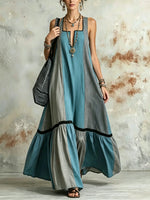 Damen Maxikleid mit Kontrastfarben, einfarbigem Streifenmuster, Patchwork, quadratischem Ausschnitt und ärmellos