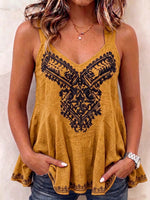 Top da donna casual, ampio, a linea ad A, in cotone e lino, senza maniche, con scollo a V e stampa posizionata.