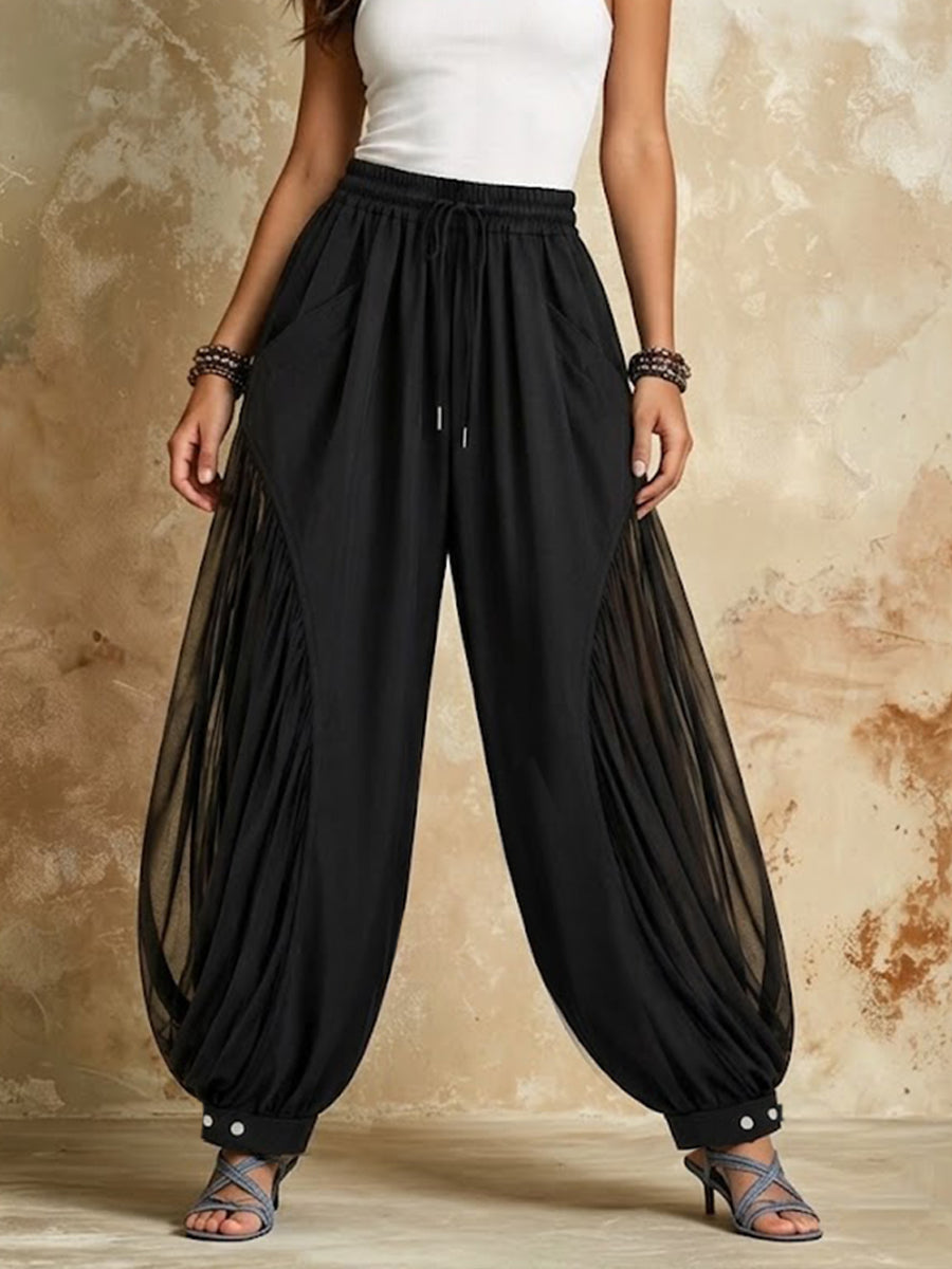 Pantalon lanterne décontracté en lin et coton avec empiècement en chiffon