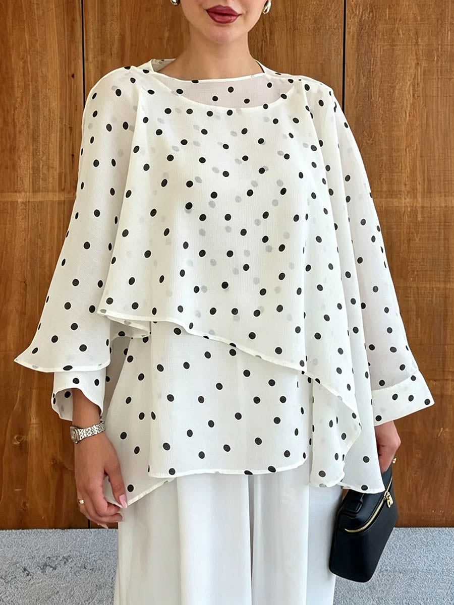 Blusa casual suelta de gasa para mujer con estampado de lunares, cuello redondo y manga larga