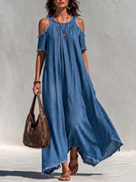 Damen Freizeit Denim-Kleid in lockerer A-Linien-Form mit Rundhalsausschnitt und kurzen Ärmeln