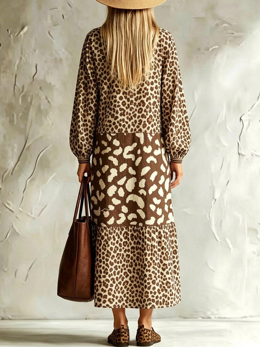 Damen Kleid mit Leopardenmuster, locker, künstlerisch, lässig und stilvoll, mit langen Ärmeln
