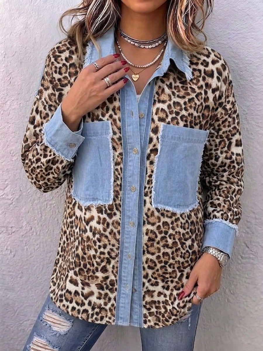 Camisa de ganga casual de corte descontraído com painéis de padrão de leopardo