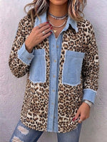 Camisa de ganga casual de corte descontraído com painéis de padrão de leopardo