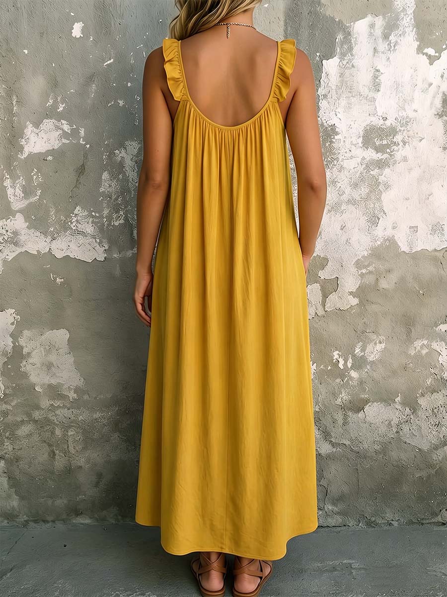 Vestito casual da donna senza maniche, collo quadrato, tinta unita, in cotone e lino, ampio