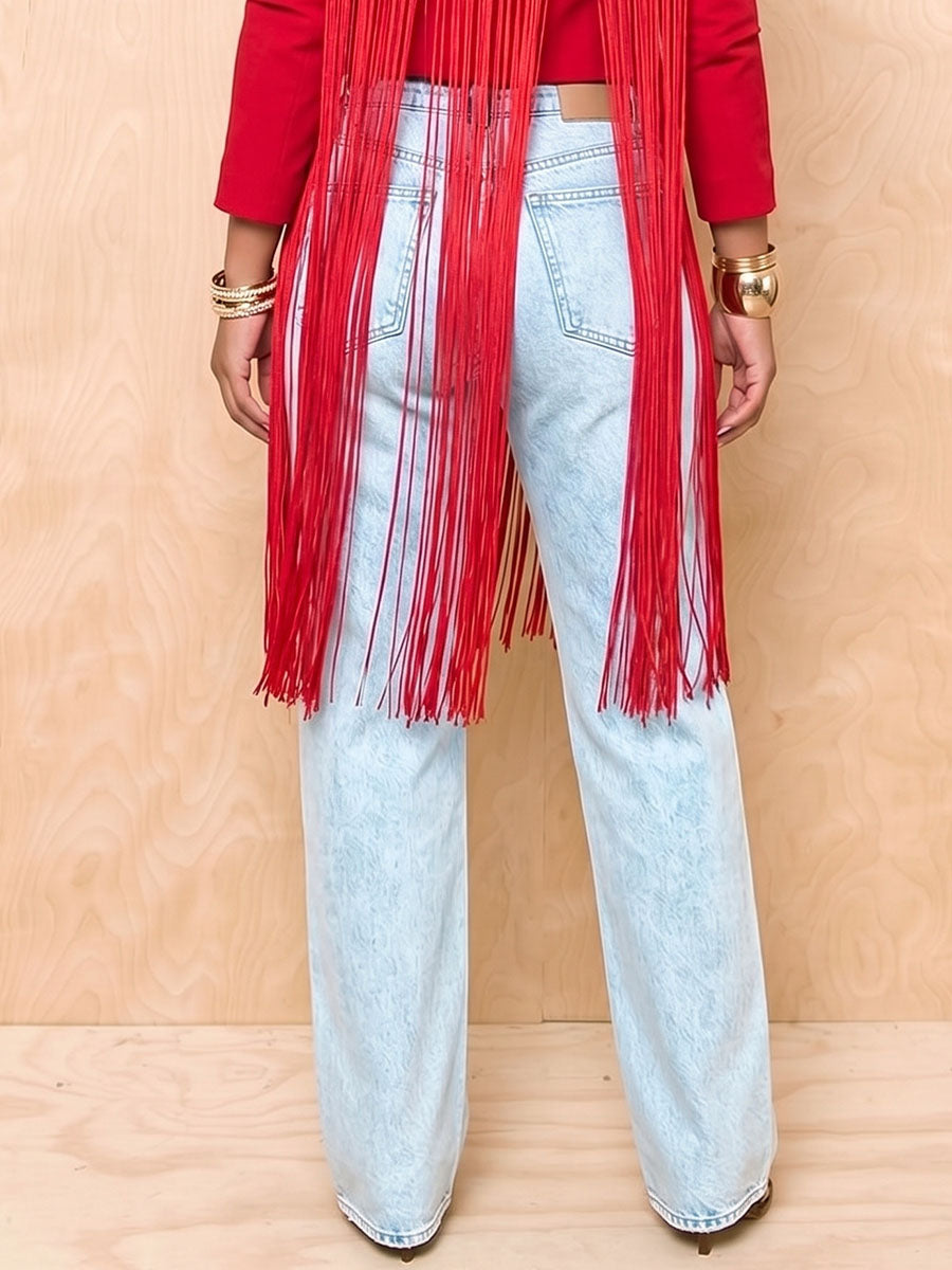 Damen-Jeans mit hohem Bund, lockerem, geradem Bein und platziertem Druck