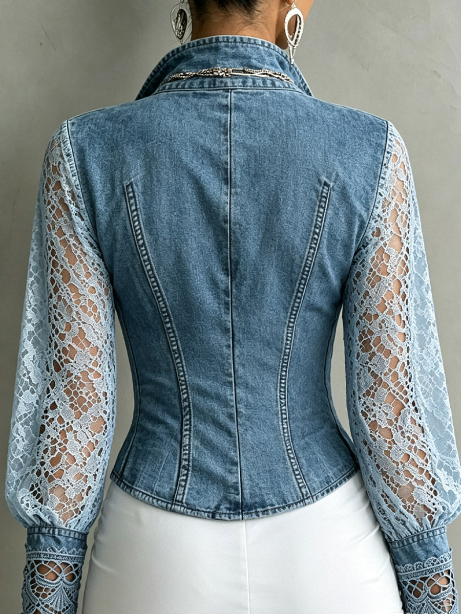 Retro denim- en kantpatchwork met opengewerkte rits, lange mouwen, artistiek casual stijlvol shirt