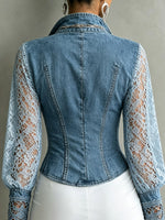Retro denim- en kantpatchwork met opengewerkte rits, lange mouwen, artistiek casual stijlvol shirt