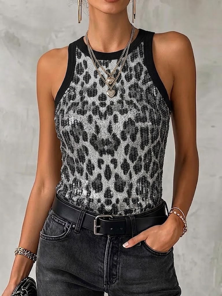 Stilvolles ärmelloses Stricktop mit Pailletten und Leopardenmuster