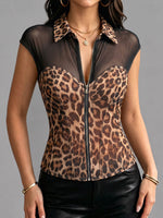 Dames top met luipaardprint, mouwloos, casual, losvallend, met mesh-inzet en kraag