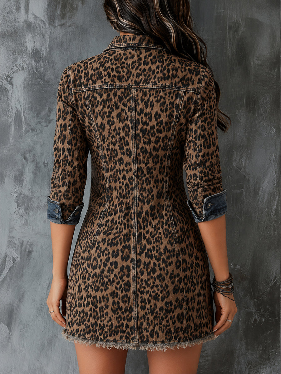 Vestito corto in denim con zip frontale, patchwork e stampa leopardata casual