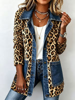 Damenjacke im Shacket-Stil mit Leopardenmuster, Patchwork-Design, Jeansstoff, Reverskragen und Knopfleiste