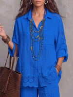 Vintage Elegant Crochet Floral Patchwork Cotton-Linen Shirt