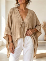 Chemise décontractée artistique pour femmes à manches chauve-souris, manches 3/4 en coton et lin, style élégant