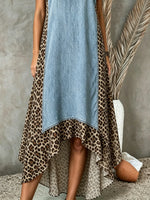Women's Denim Patchwork Classic Leopard Irregular Hem Shirt Maxi Dress