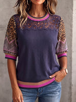 Vintage eleganter Patchwork-Pullover aus Leoparden-Cut-Out-Spitze und Chiffon