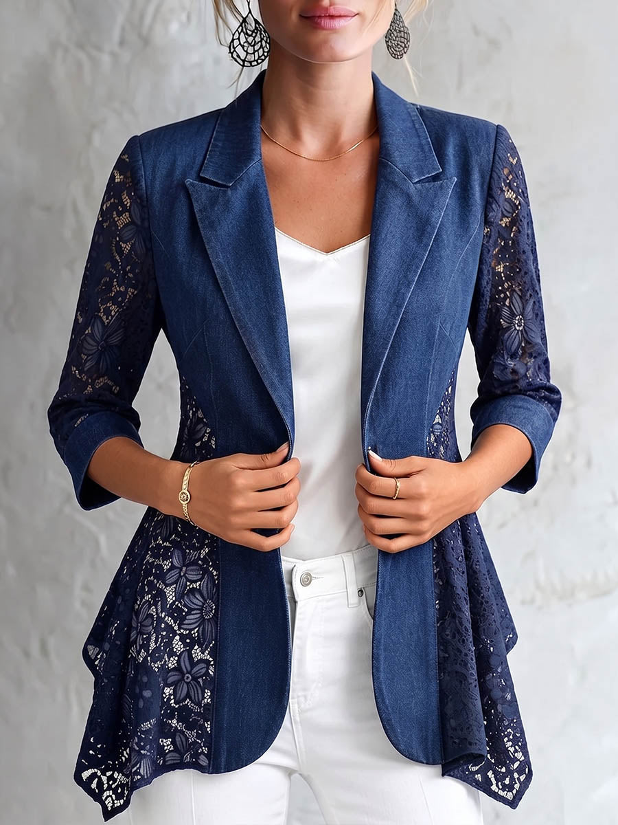 Damen Casual Slim-Fit Jeansjacke mit Reverskragen, 3/4-Ärmeln und Spitzenbesatz