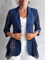 Damen Casual Slim-Fit Jeansjacke mit Reverskragen, 3/4-Ärmeln und Spitzenbesatz