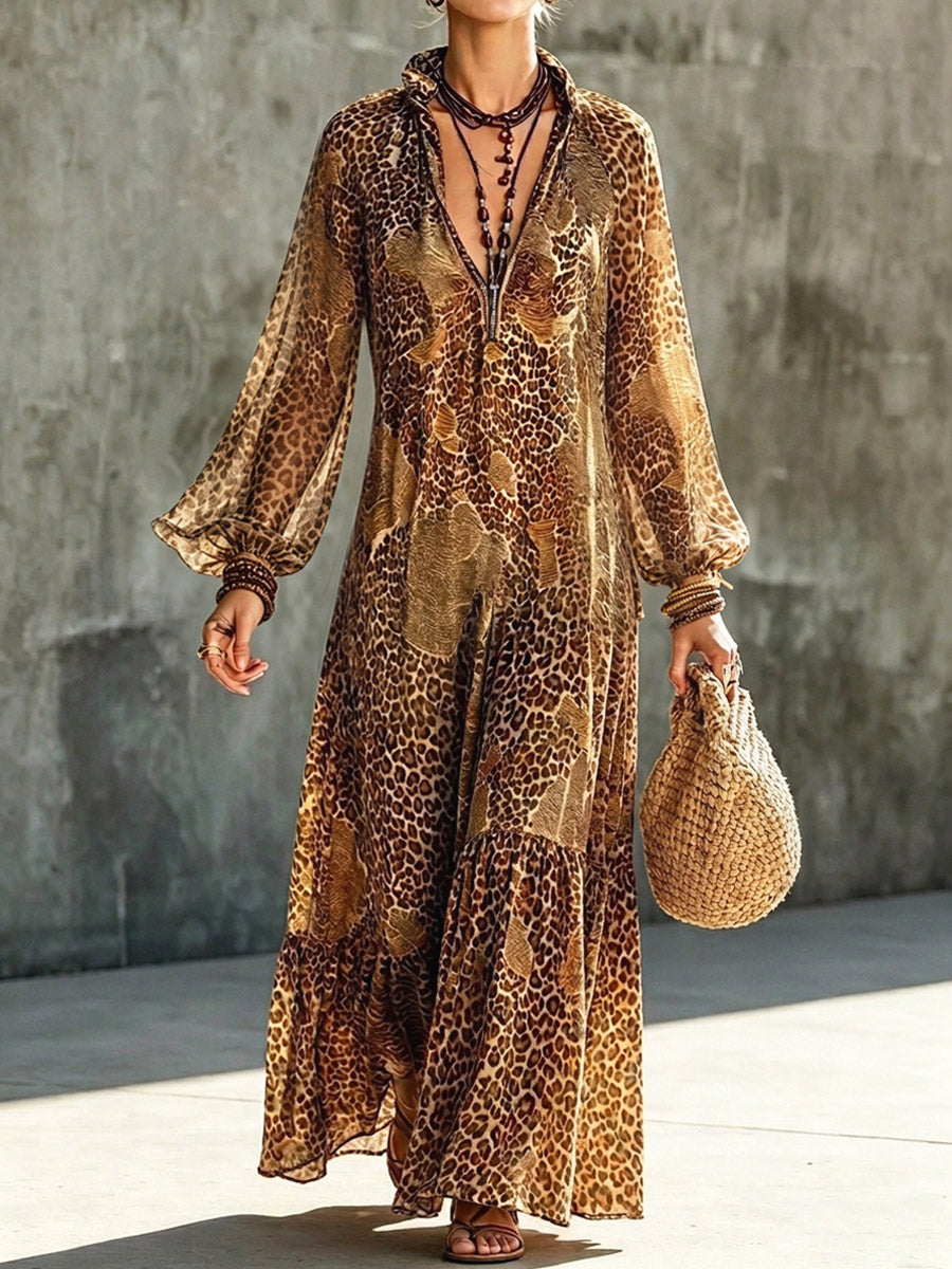 Retro Leopardenmuster Locker Elegantes Kunstvolles Freizeitkleid mit langen Ärmeln aus Chiffon