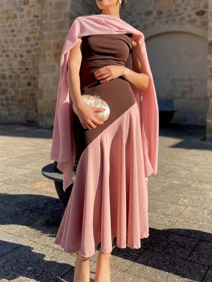 Stilvolles und elegantes Dreiteiler-Set mit einem Chiffon-Cardigan, einem ärmellosen Kleid mit Farbblock und einem Chiffon-Schal.