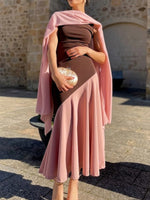 Stilvolles und elegantes Dreiteiler-Set mit einem Chiffon-Cardigan, einem ärmellosen Kleid mit Farbblock und einem Chiffon-Schal.
