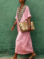 Boho-Blumenmuster Baumwoll-Leinen Kaftan Maxikleid
