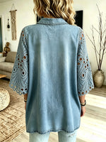 Damenbluse mit hohlem Stickereispitzen-Einsatz, locker geschnitten, aus Denim, 3/4-Arm