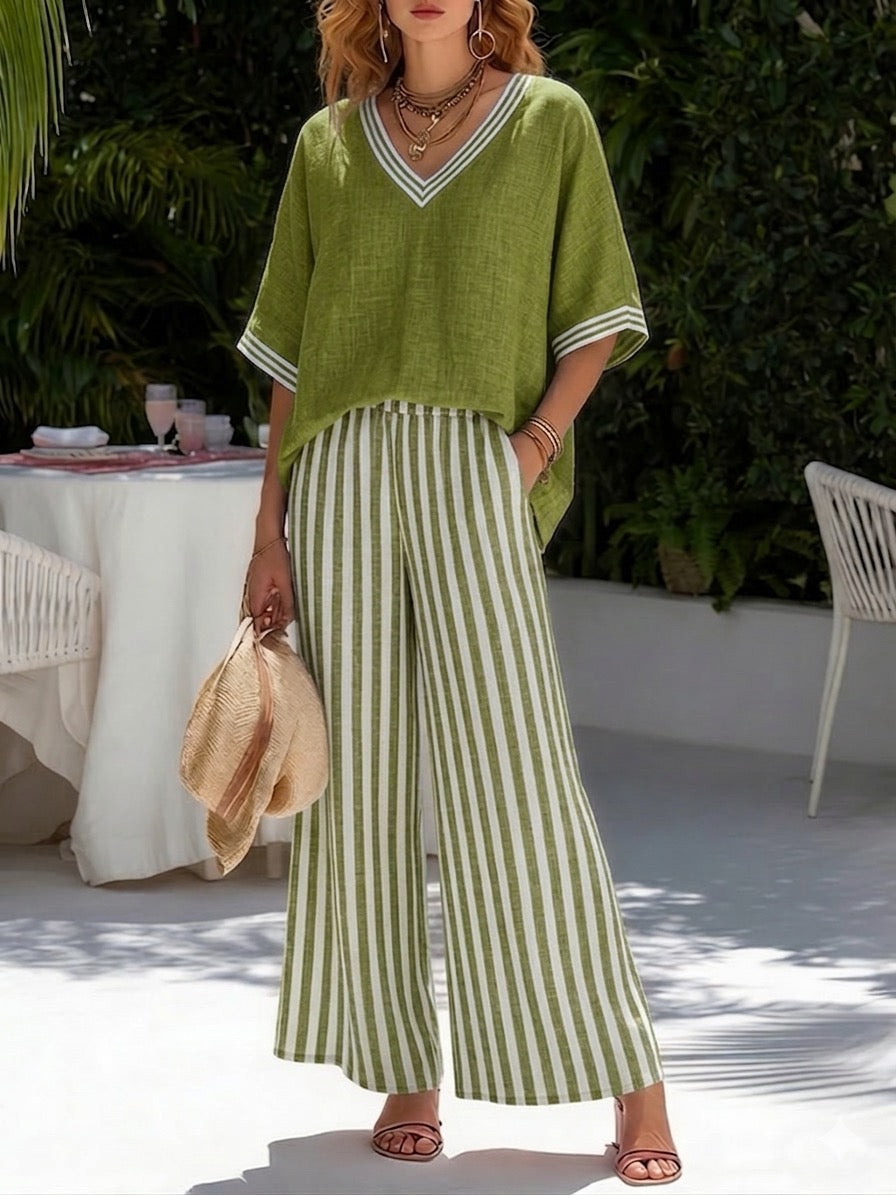 Completo casual due pezzi: top patchwork a righe in lino e cotone e pantaloni a righe