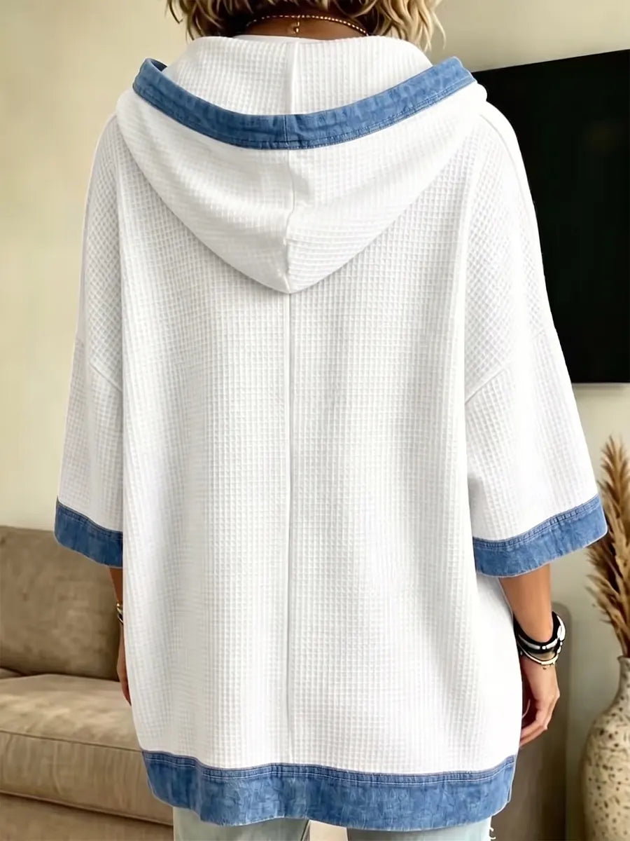 Sudadera con capucha de punto waffle casual y ribete de mezclilla