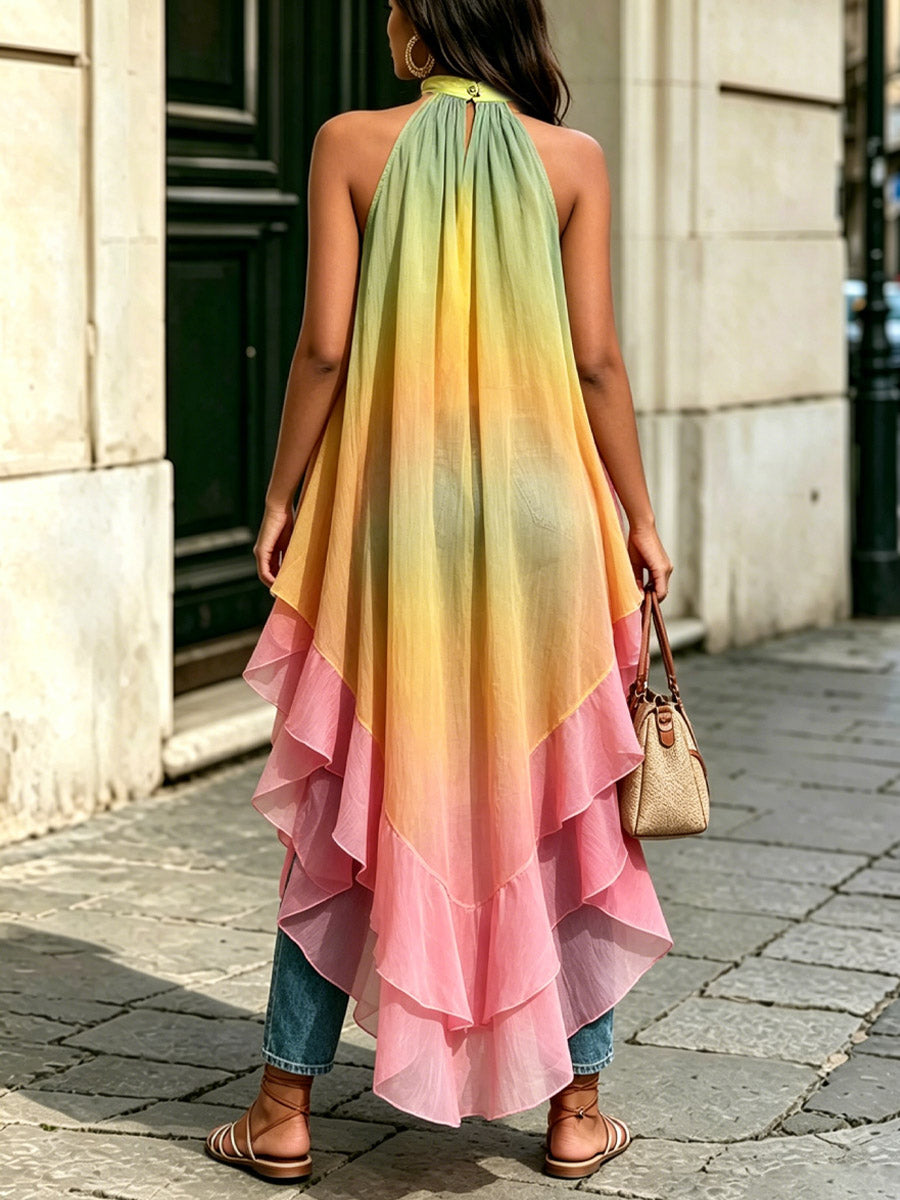Damen Top mit Farbverlauf, Rüschen, künstlerischem Casual-Stil, modischem Neckholder und ärmellos
