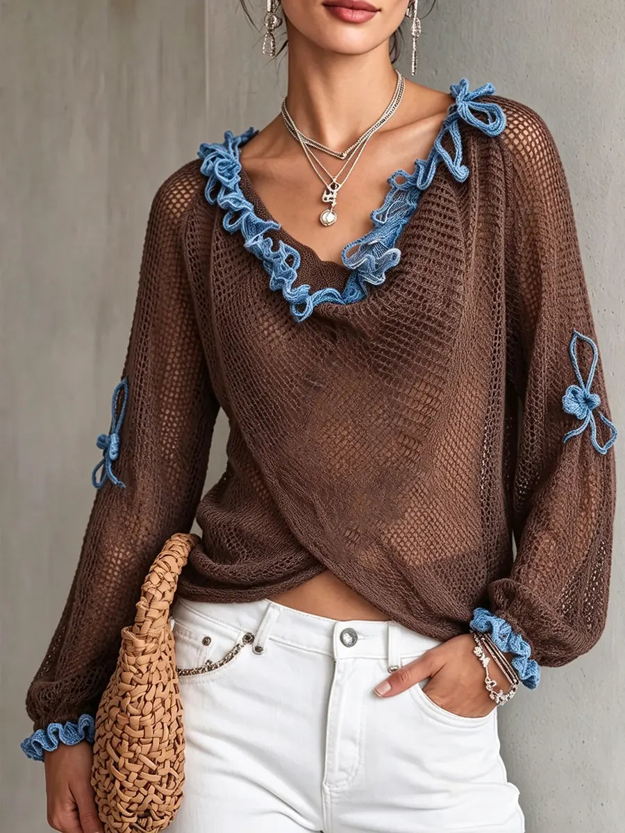 Boho-Top mit offenem Strickmuster und kontrastierenden Rüschen