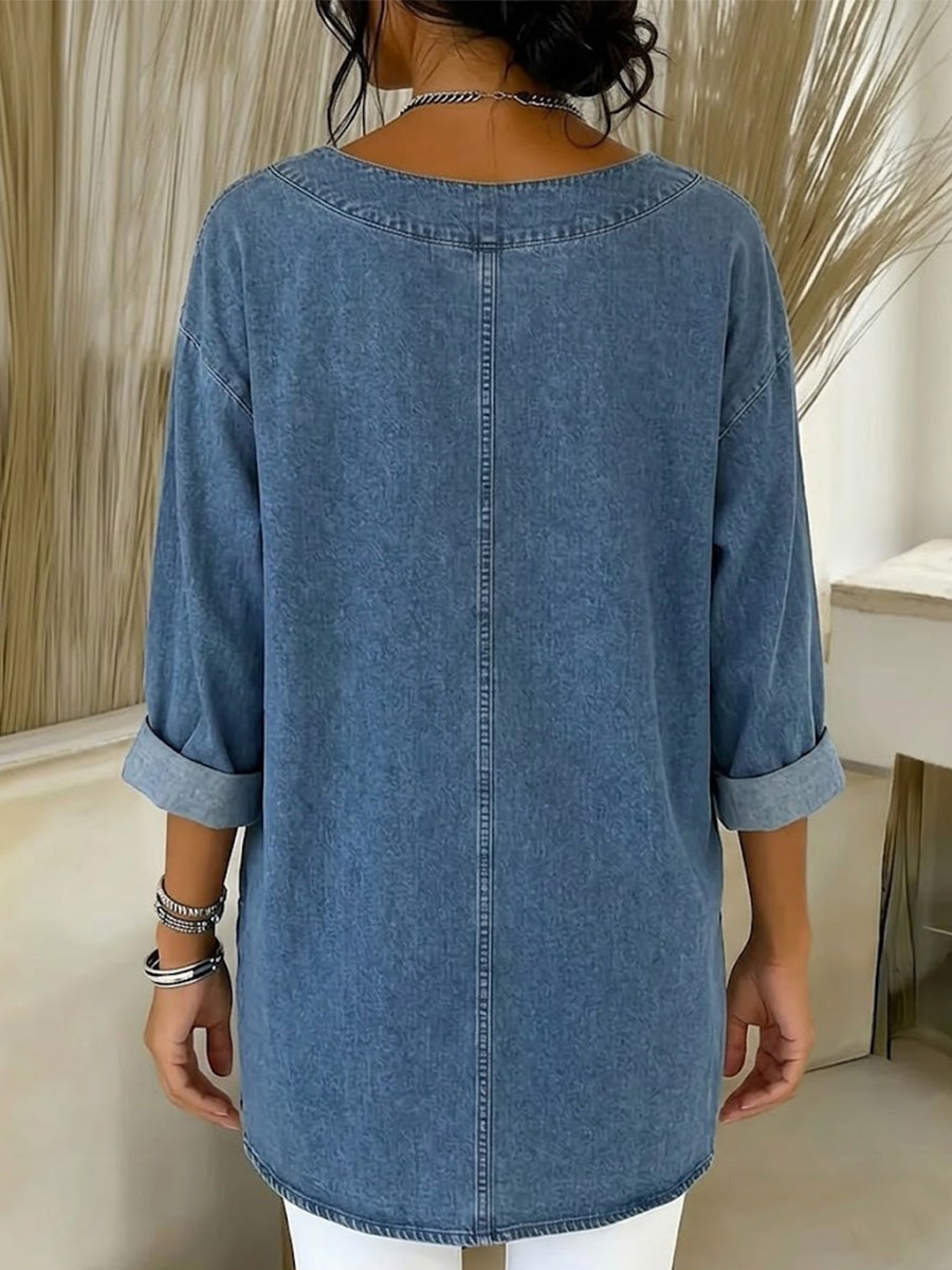 Damen Freizeit-Oberteil aus gewaschenem Denim-Baumwollstoff
