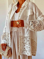 Lässiges Resort-Leinen-Overshirt mit Häkel-Paneelen
