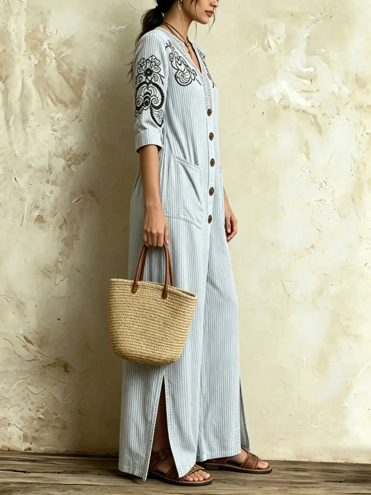 Damen Jumpsuit mit dünnen vertikalen Streifen, Blumenstickerei, V-Ausschnitt, Schlitz und weitem Bein