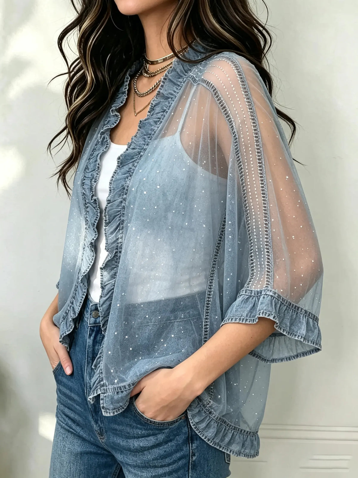 Dames denim cardigan met ruches en mesh