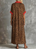 Damen Maxikleid mit kurzen Ärmeln aus Chiffon, Leopardenmuster mit rotem Besatz und Taschen