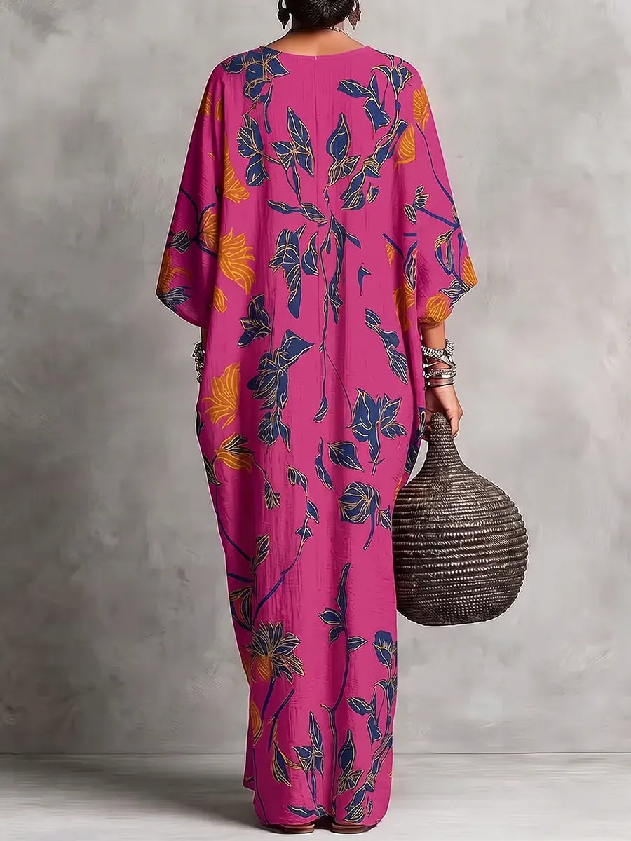 Lebhafter botanischer Maxikaftan mit V-Ausschnitt und Paneelen