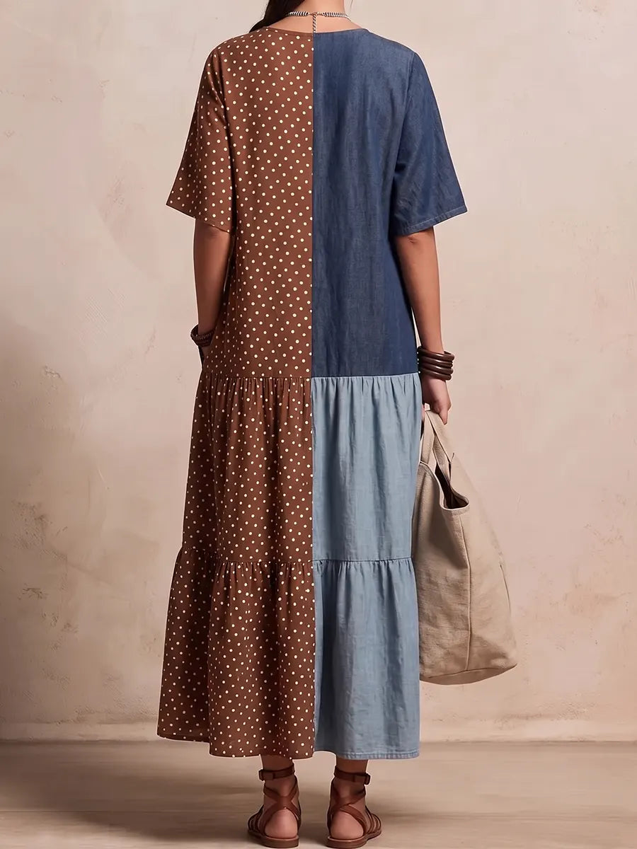 Chic Spliced Denim & Polka Dot Tiered Maxi Dress
