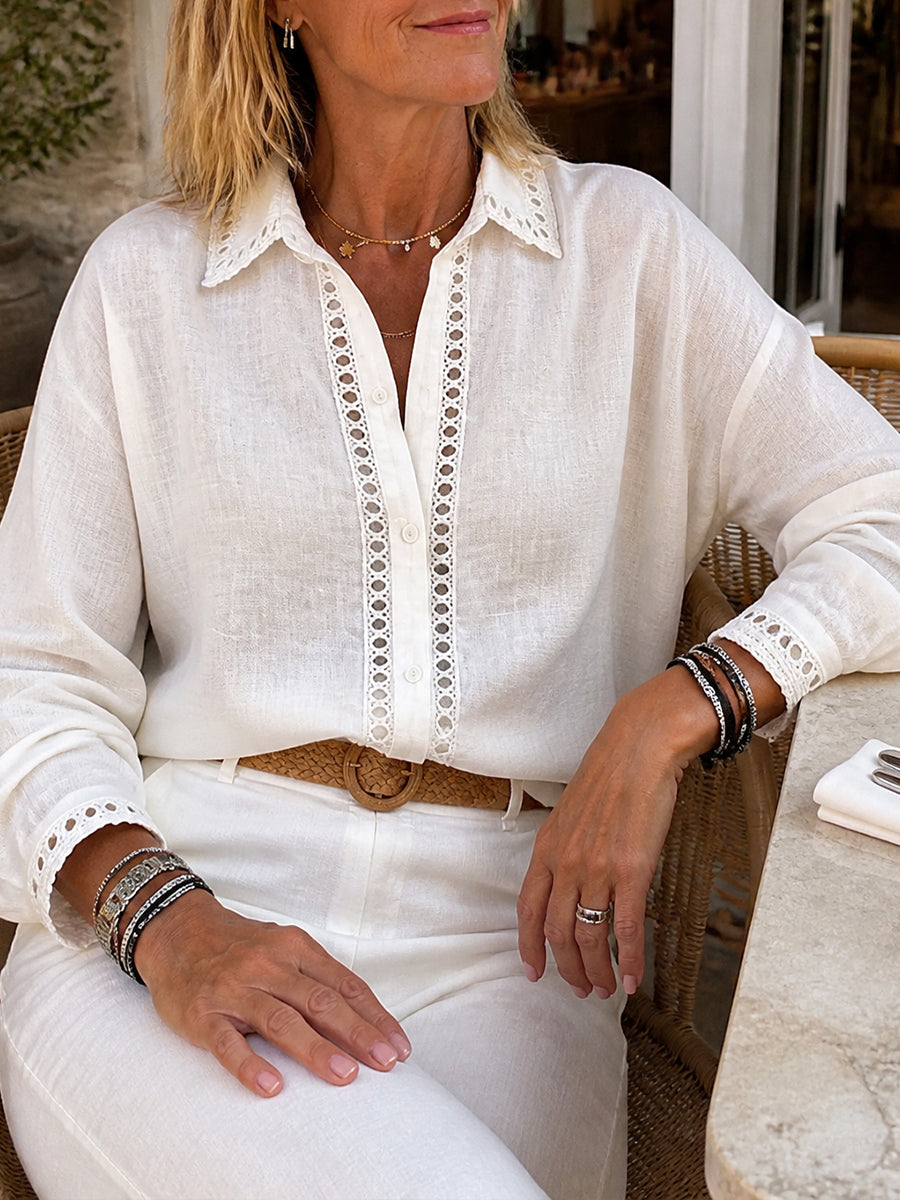 Camicia casual a maniche lunghe in lino e cotone con inserto in nastro traforato