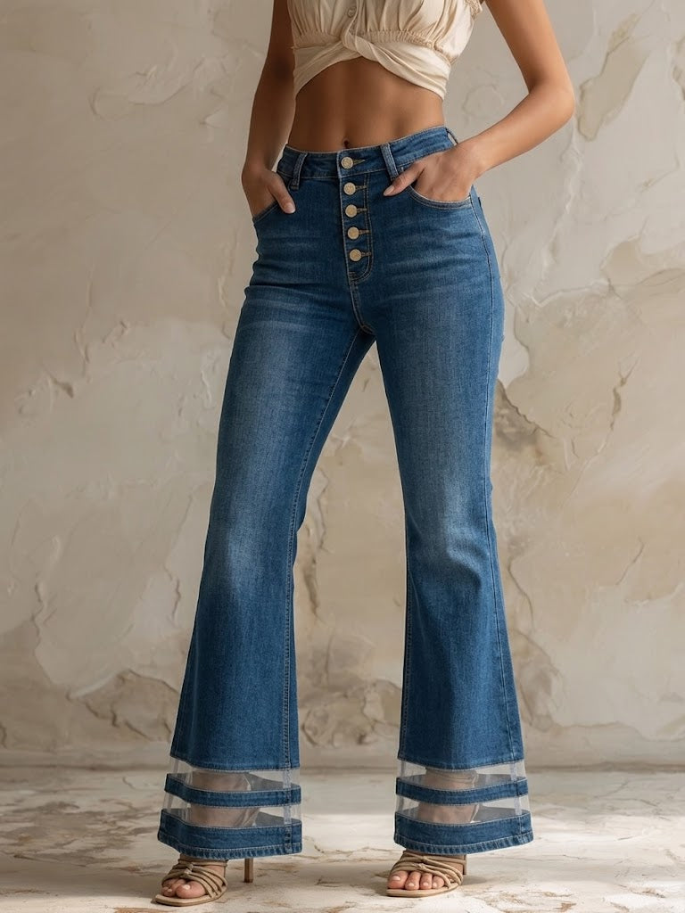 Pantaloni svasati casual alla moda in chiffon patchwork e denim