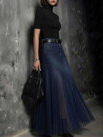 High Waist Diagonal Splice Denim Tulle Pleated Maxi Skirt