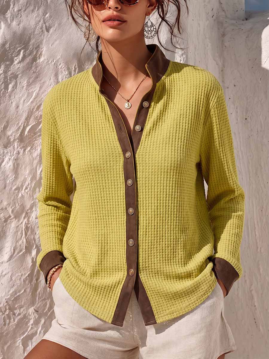 Damen Stehkragen Langarm Locker sitzendes Waffelstrickshirt