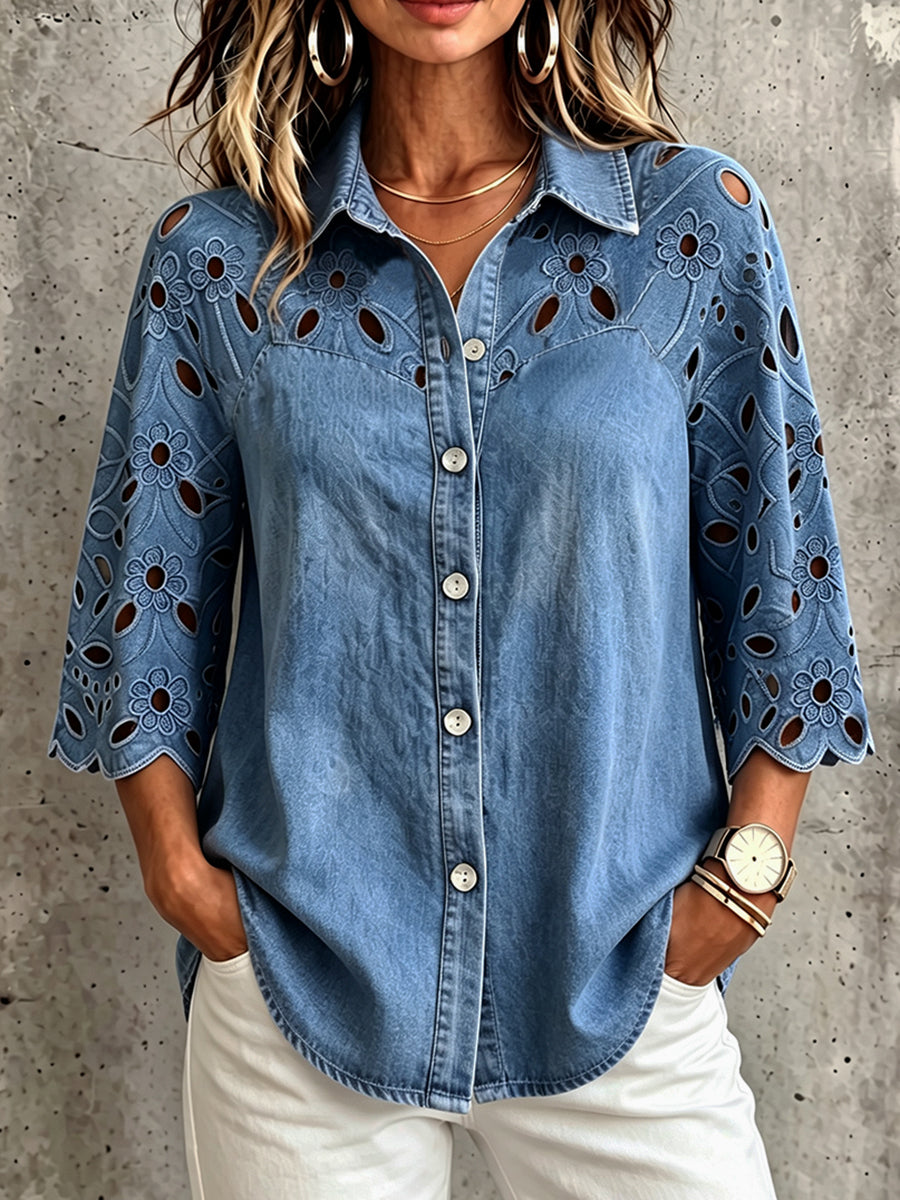 Elegantes Boho-Spitzenhemd mit Blumenmuster und dreiviertel Ärmeln aus Denim
