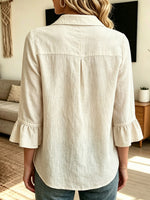 Klassiek Ruffle 3/4 Mouw Losse Artistieke Casual Overhemd van Katoen en Linnen met Revers