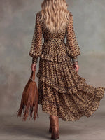 Abito lungo a balze a strati in chiffon bohemien con stampa leopardata
