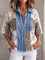 Vintage elegant patchwork denimskjorta med leopardmönstrade utskärningar