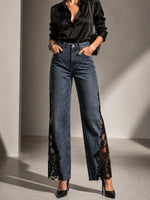 Jeans a gamba larga con pannello in pizzo elegante per donna – Jeans a vita alta con lavaggio vintage premium
